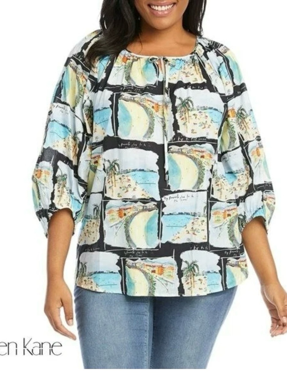 Karen Kane Scenic Print Peasant Top in Multi-Blue and Black